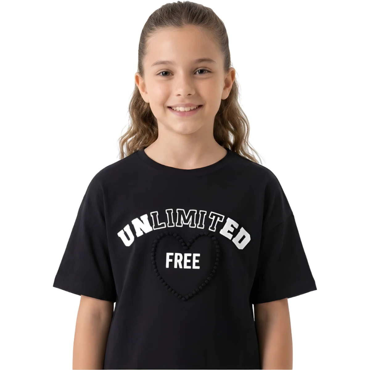 9-12 YAŞ KIZ  UNLİMİTED GOFRE KALPLİ TEK TSHİRT