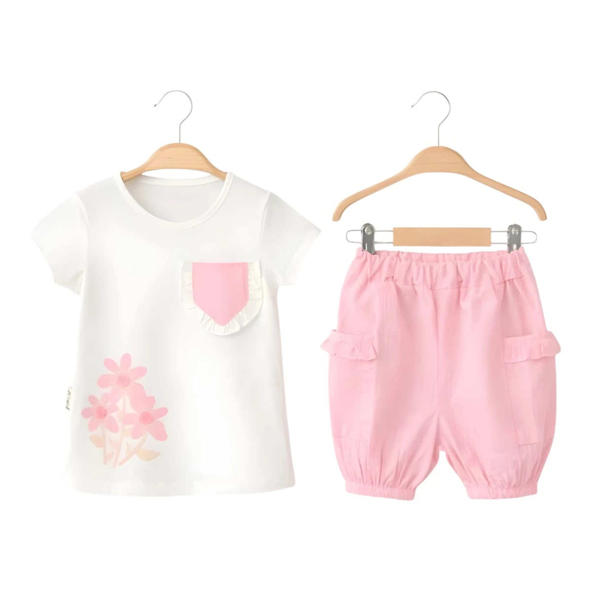 ÇİÇEK BASKILI SÜZENELİ KIZ ŞORTLU TAKIM