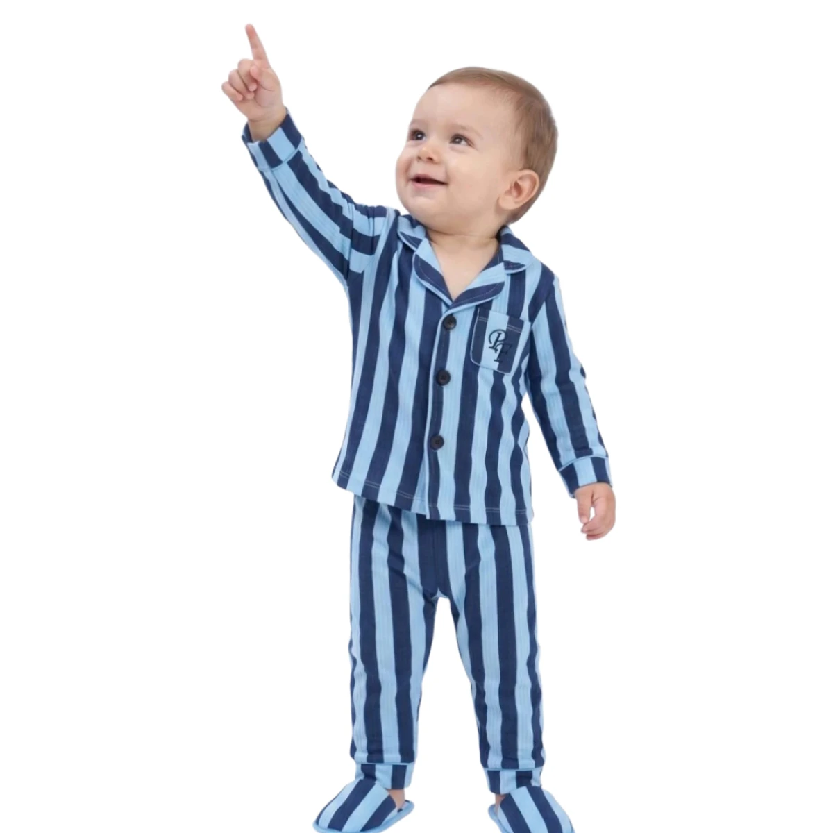 MAVİ LACİ ÇİZGİLİ TERLİKLİ YAKALI PİJAMA TAKIM