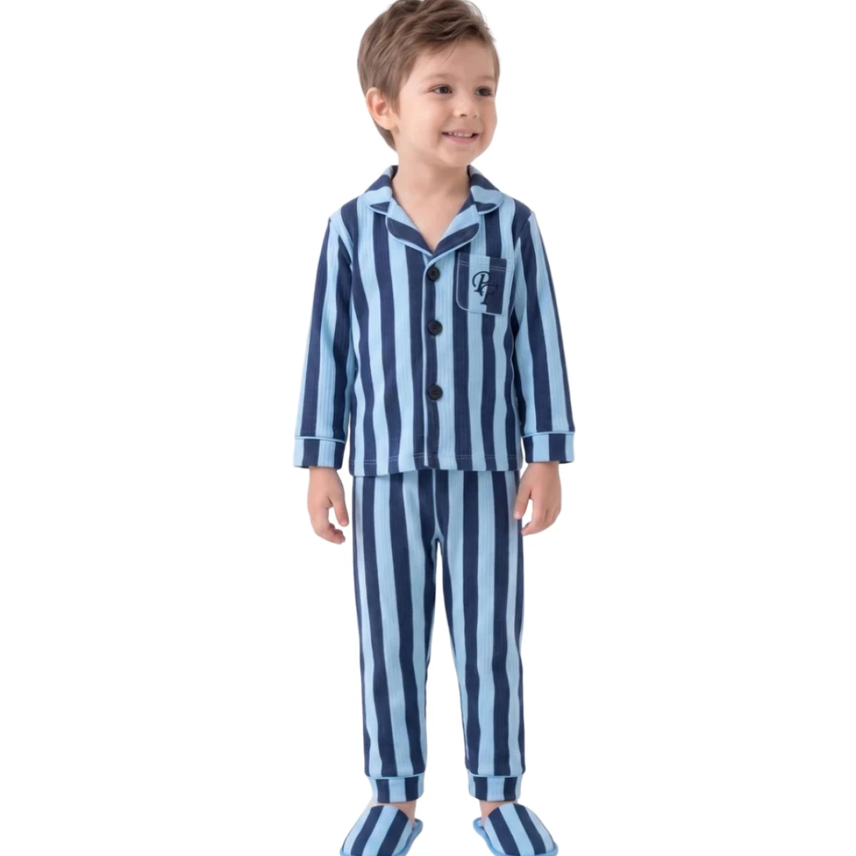 MAVİ LACİ ÇİZGİLİ TERLİKLİ YAKALI PİJAMA TAKIM