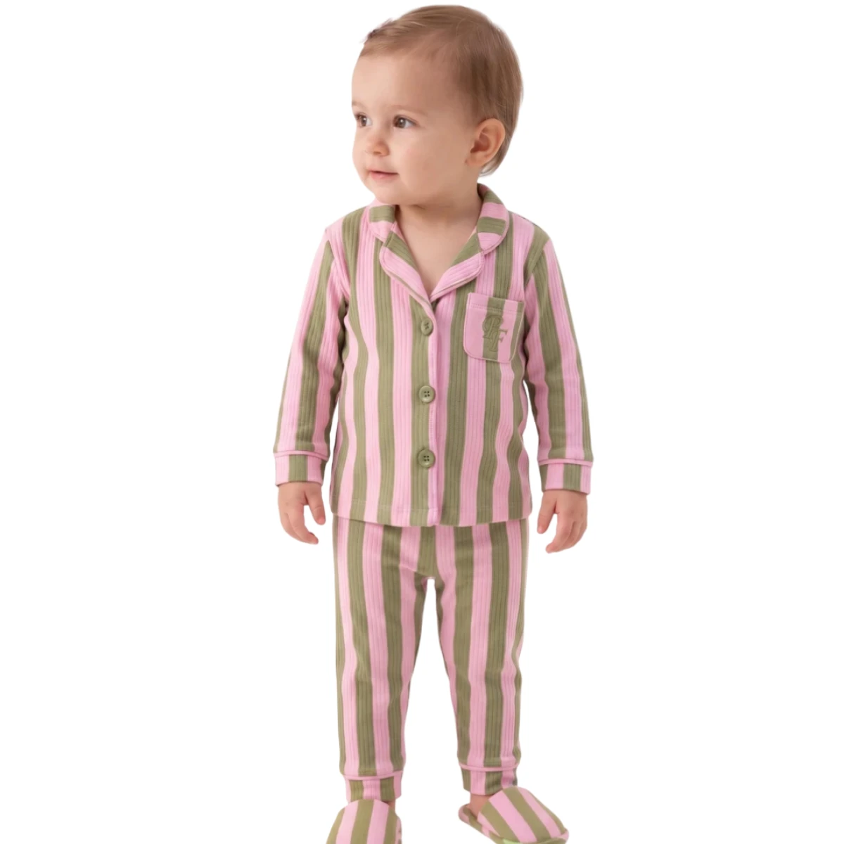 YEŞİL PEMBE ÇİZGİLİ TERLİKLİ YAKALI PİJAMA TAKIM