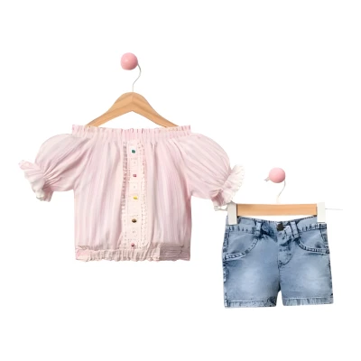 ÇİZGİLİ KOT ŞORTLU TAKIM