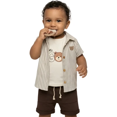 ÇİZGİLİ MÜSLİN GÖMLEKLİ 3 LÜ YAZLIK TAKIM