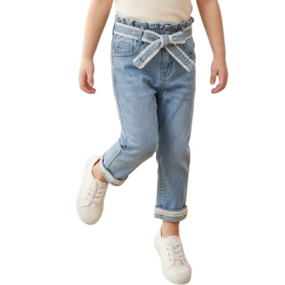 DANTEL KUŞAKLI LASTİKLİ PAMUKLU KOT PANT