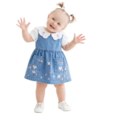 ETEĞİ NAKIŞLI GÖMLEKLİ KOT ELBİSE