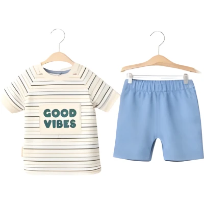 GOOD VİBES ÇİZGİLİ ERKEK ŞORTLU TAKIM