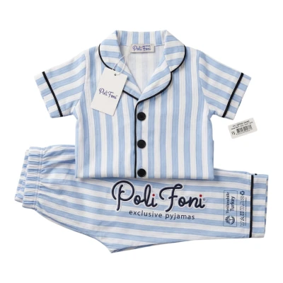 MAVİ ÇİZGİLİ KISA KOLLU YAKALI PİJAMA TAKIM