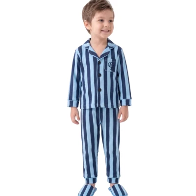 MAVİ LACİ ÇİZGİLİ TERLİKLİ YAKALI PİJAMA TAKIM