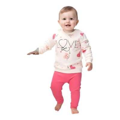 RAPORLU İNTERLOK KALPLİ LOVE BASKILI KIZ TAKIM