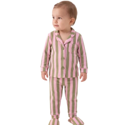 YEŞİL PEMBE ÇİZGİLİ TERLİKLİ YAKALI PİJAMA TAKIM